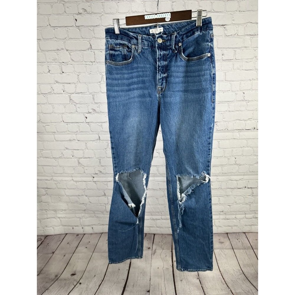 Good American Medium Wash Distressed Straight Leg Denim Blue Jeans 8/29 (29x31)